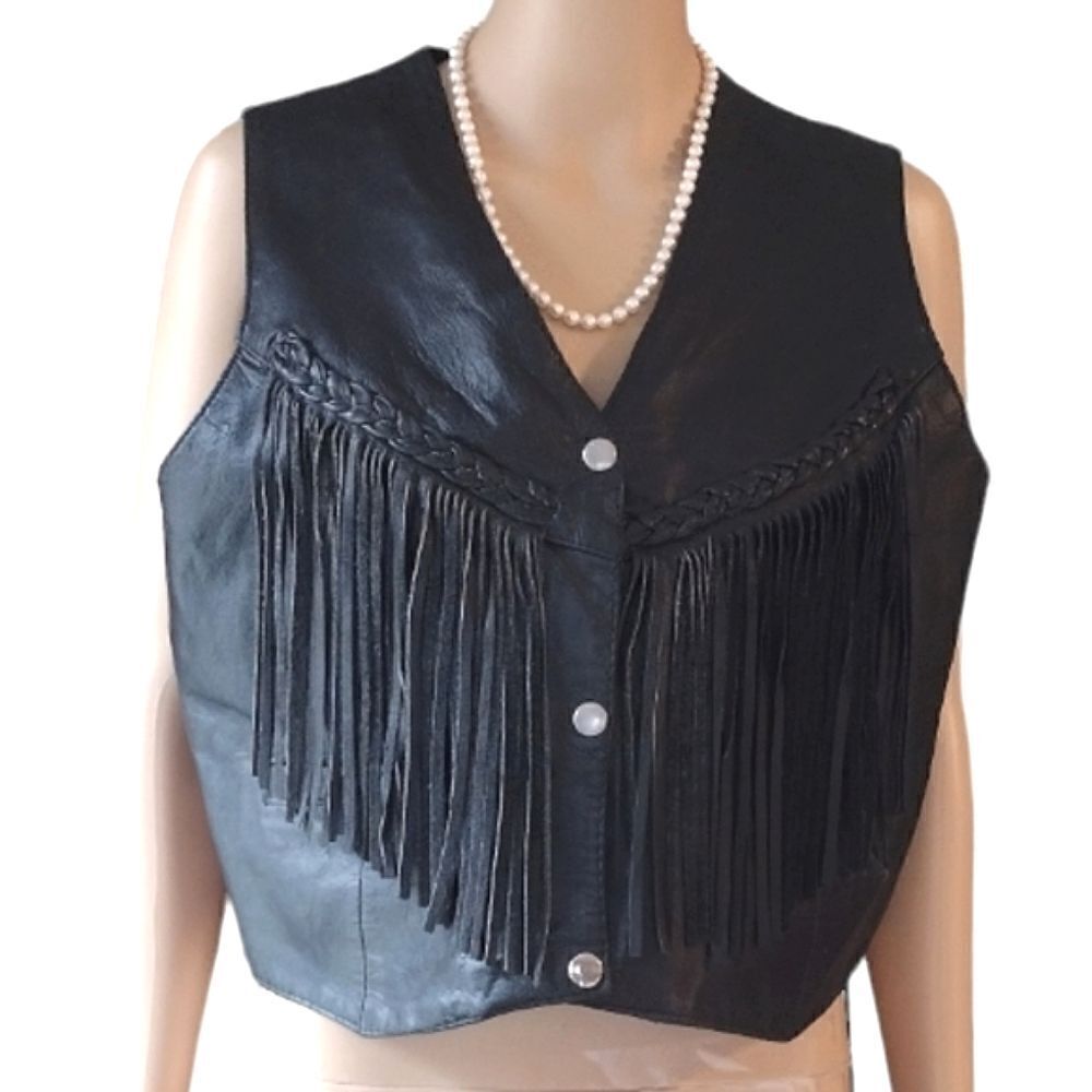 Harley-Davidson Silver Bike Women's Black Leather Snap Button Fringe Biker Vest